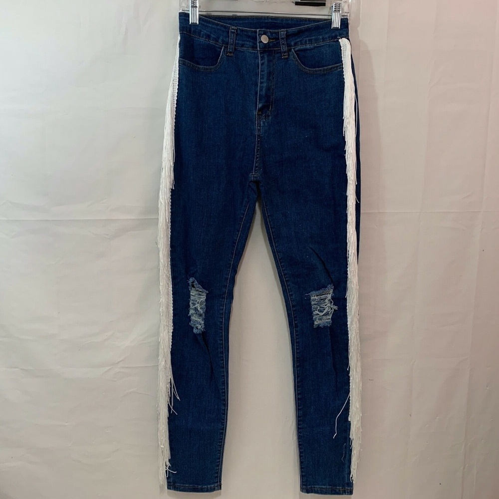 SHEIN Women NIB Contrast Fringe Ripped Jeans in Medium Wash Size M(6)